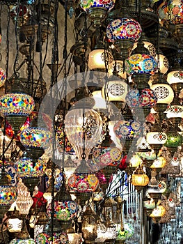 Sale of traditional colored lamps in the Estambul Market photo